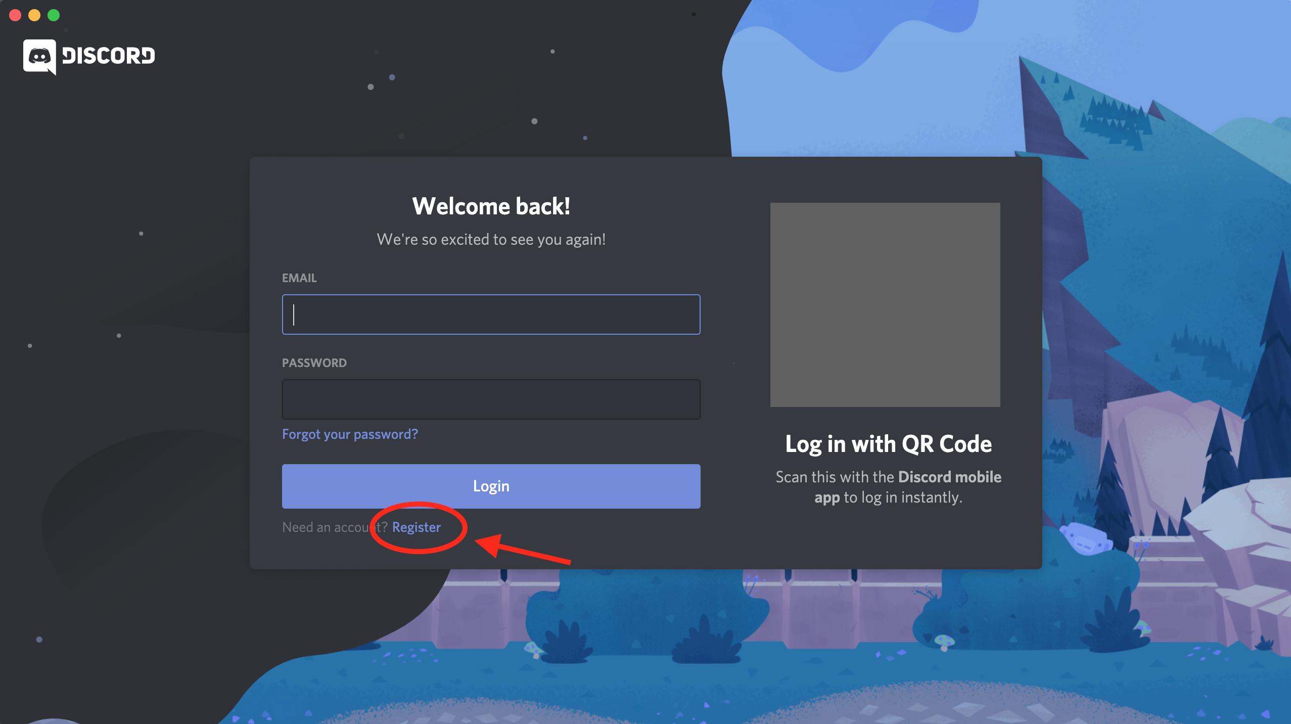 Discord 登入畫面中的註冊連結