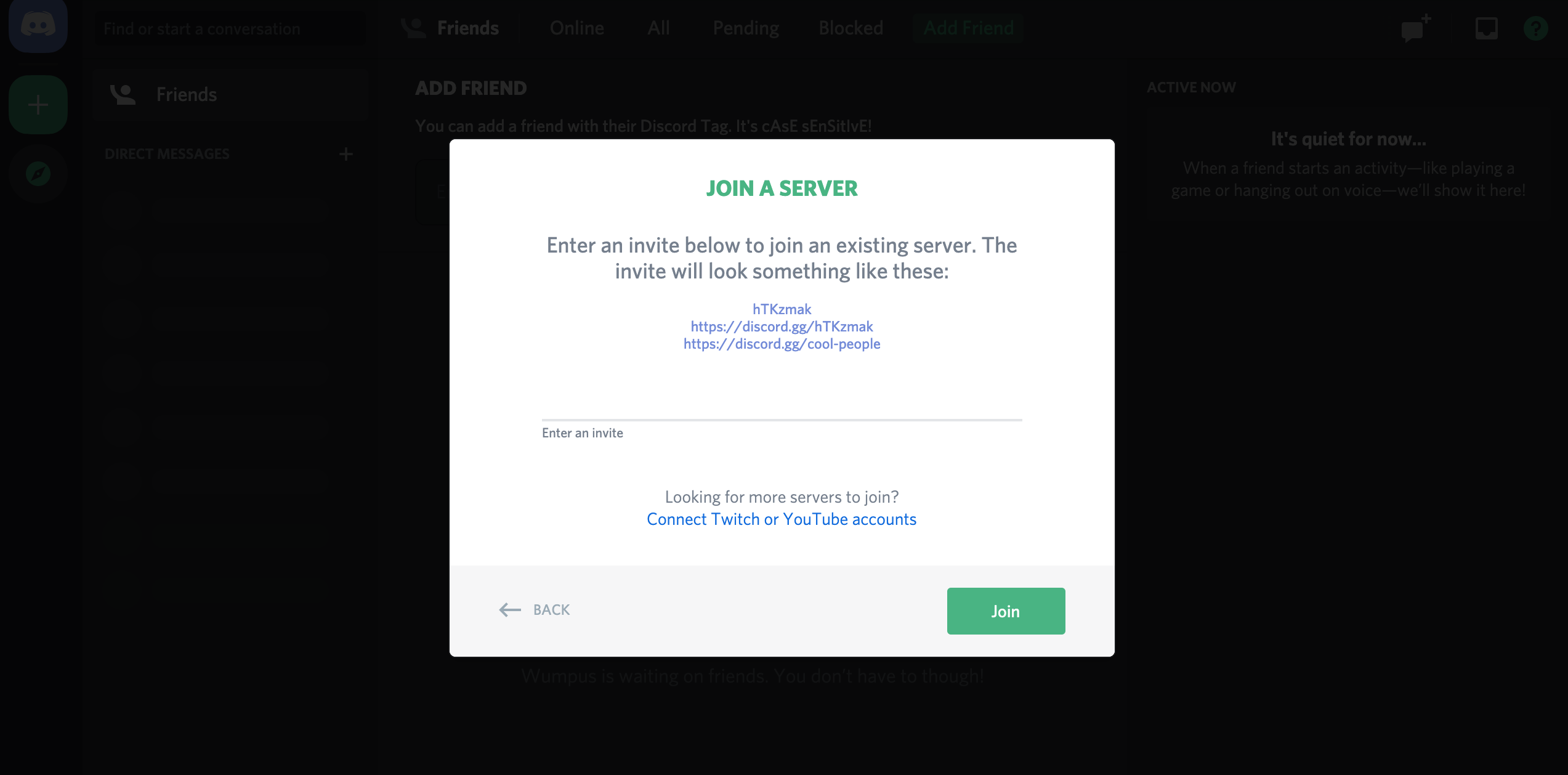 Discord 輸入伺服器邀請連結的對話方塊